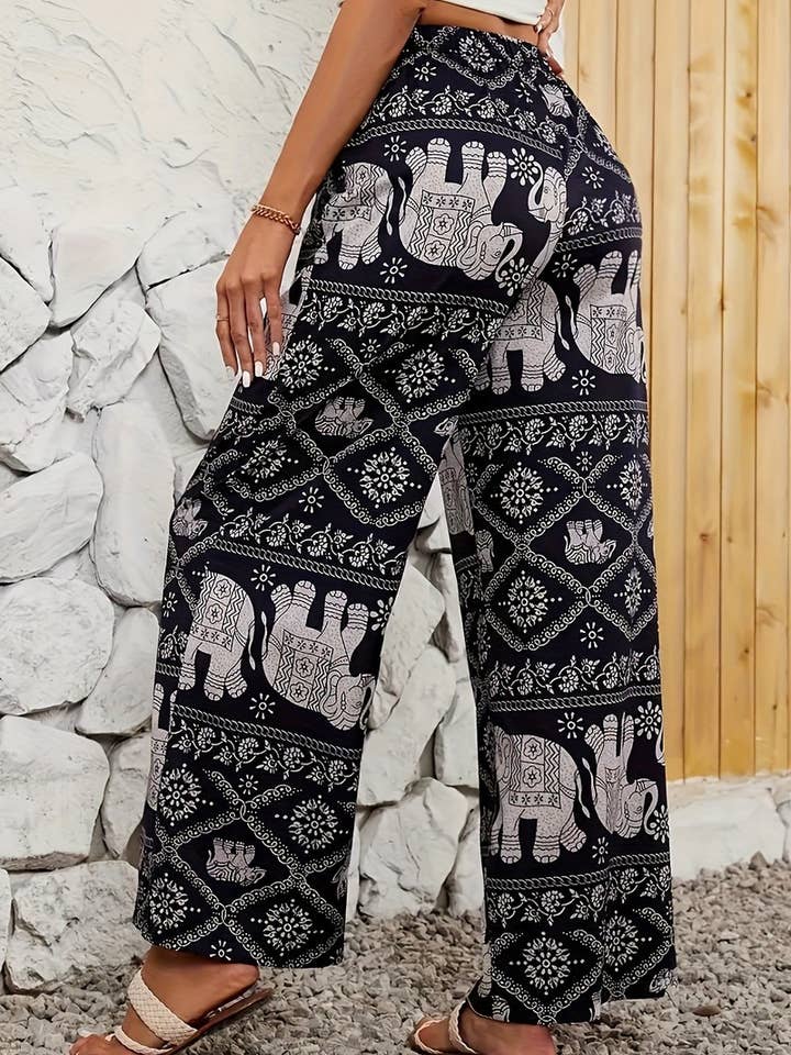 BLACK CWBLP2076_BOHO ELEPHANT PRINT DRAPED WIDE LEG PANTS for wholesale on Faire4