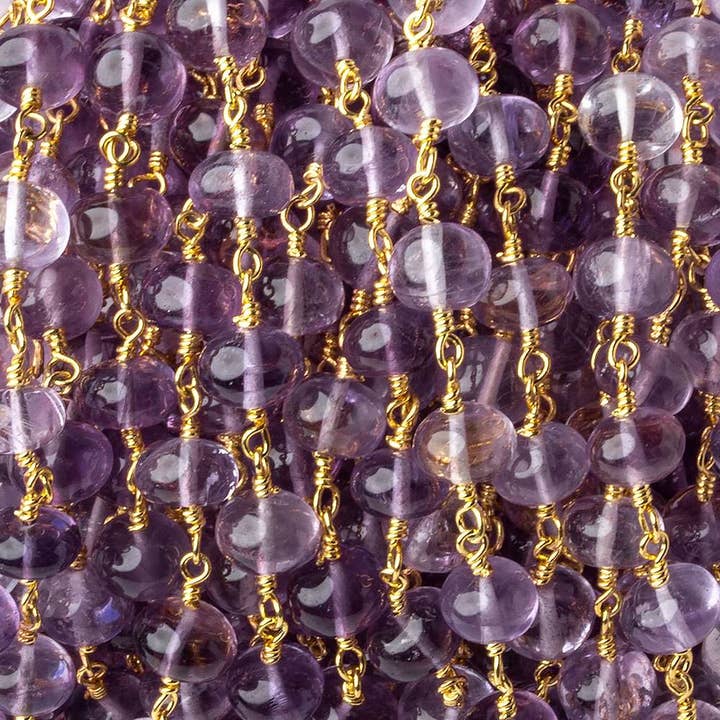 6-6.5mm Amethyst plain rondelles Gold plated Chain by the foot 27 beads per for wholesale by Beads of Cambay