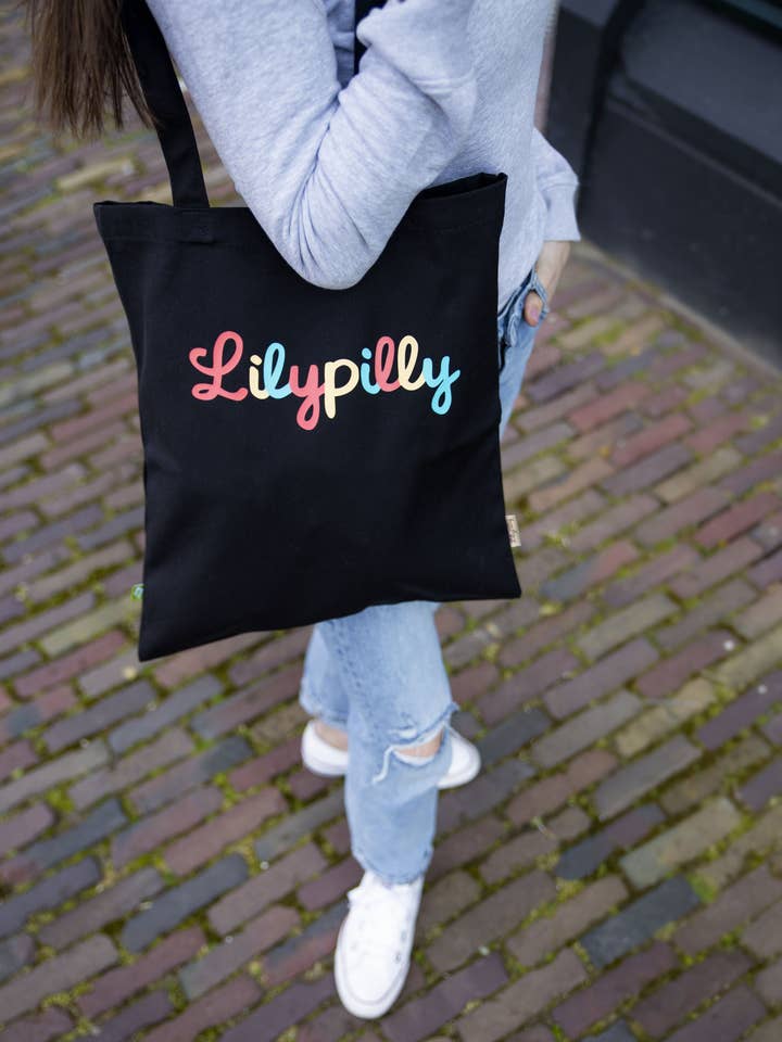 Sacola preta de algodão orgânico com arte multicolorida da Lilypilly (premium) por atacado de Lilypilly
