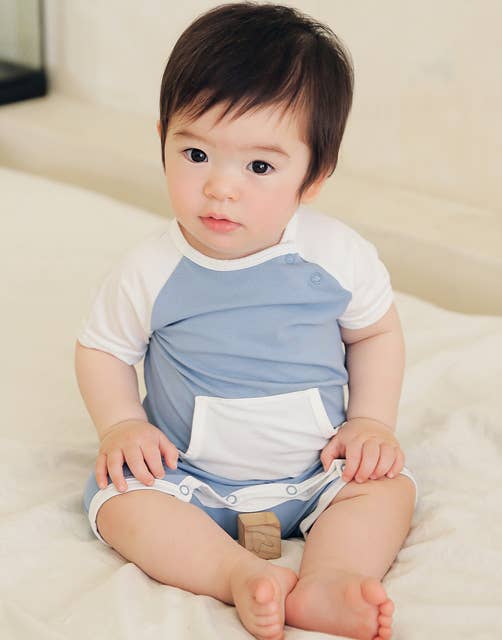 Bamboo Smile Blue Baby Romper for wholesale on Faire