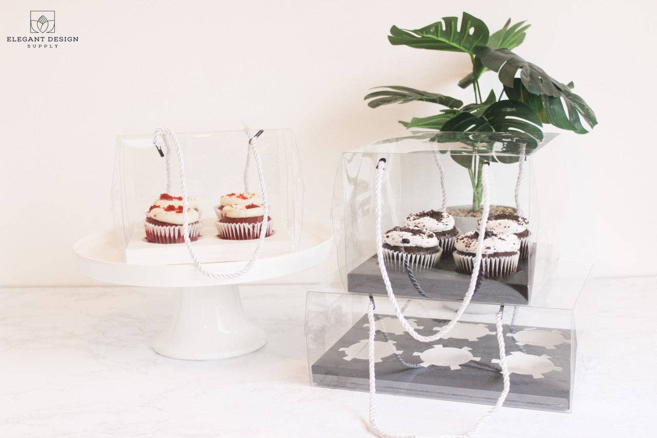 Elegant Design Supply - Vendita all'ingrosso Pirottini per cupcake/muffin - Scatola trasparente per 4 cupcake standard con corde (set di 2)7