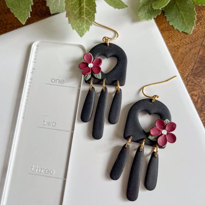 Black heart earrings with red flowers | 18k gold plated for wholesale by Retrochrome Creations