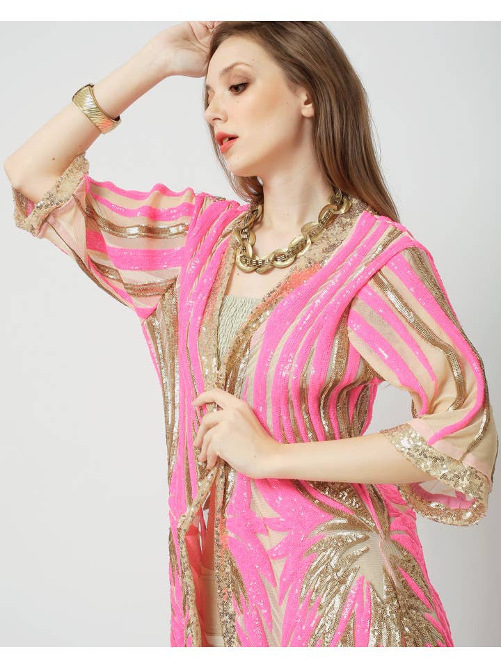Festivo kimonos - Venta al por mayor Kimono - Mujer - Kimono de lentejuelas rosa y dorado - Chaqueta brillante - Cover Up3