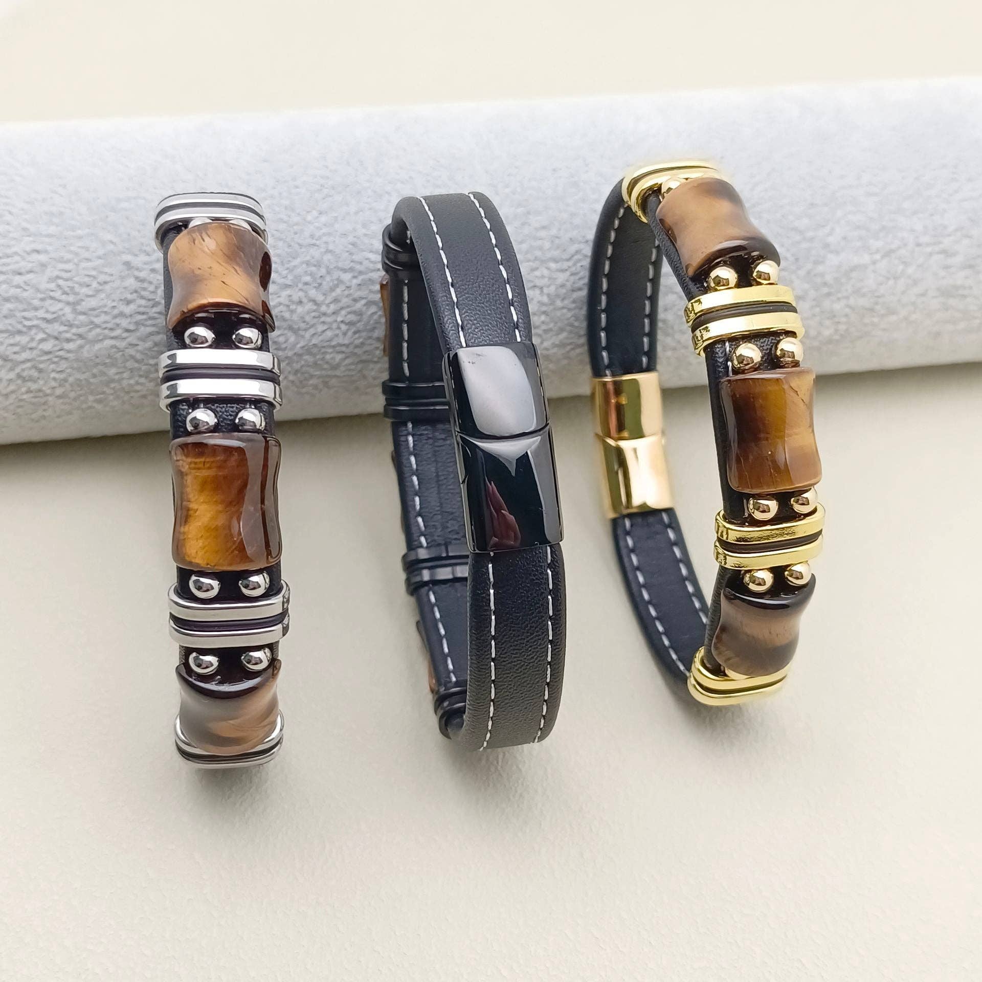 Mio Queena - Vendita all'ingrosso Bracciale a polsino - Bracciale da uomo in pelle con charme in pietra occhio di tigre - MJ/BC5