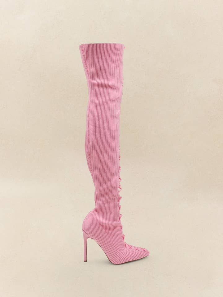 Lemonade Shoes – Botas - Mulher por atacado – ZERI - Bota rosa de tricô tipo meia, acima do joelho com cadarço9