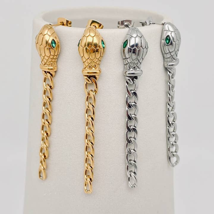 Green Eyes Chain Snake Stainless Steel Post Earrings - FGS for wholesale by Mio Queena