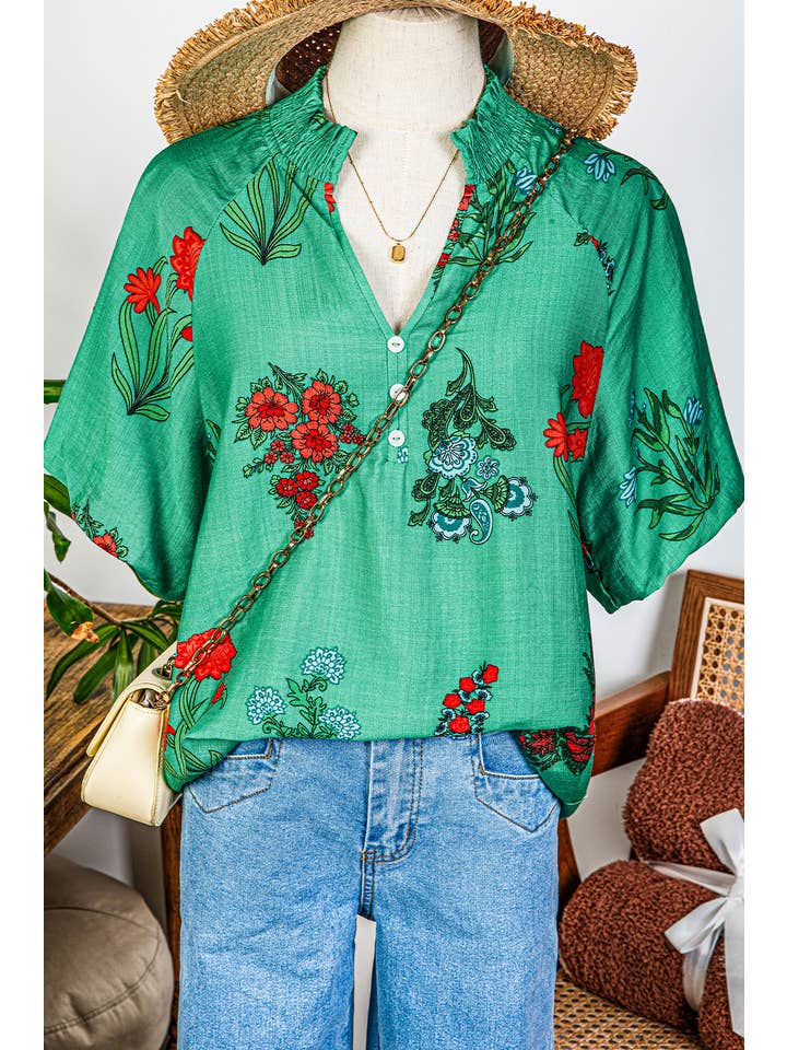 As shown Fashion-W Floral Buttoned V Neck Short Sleeve Blouse for wholesale on Faire