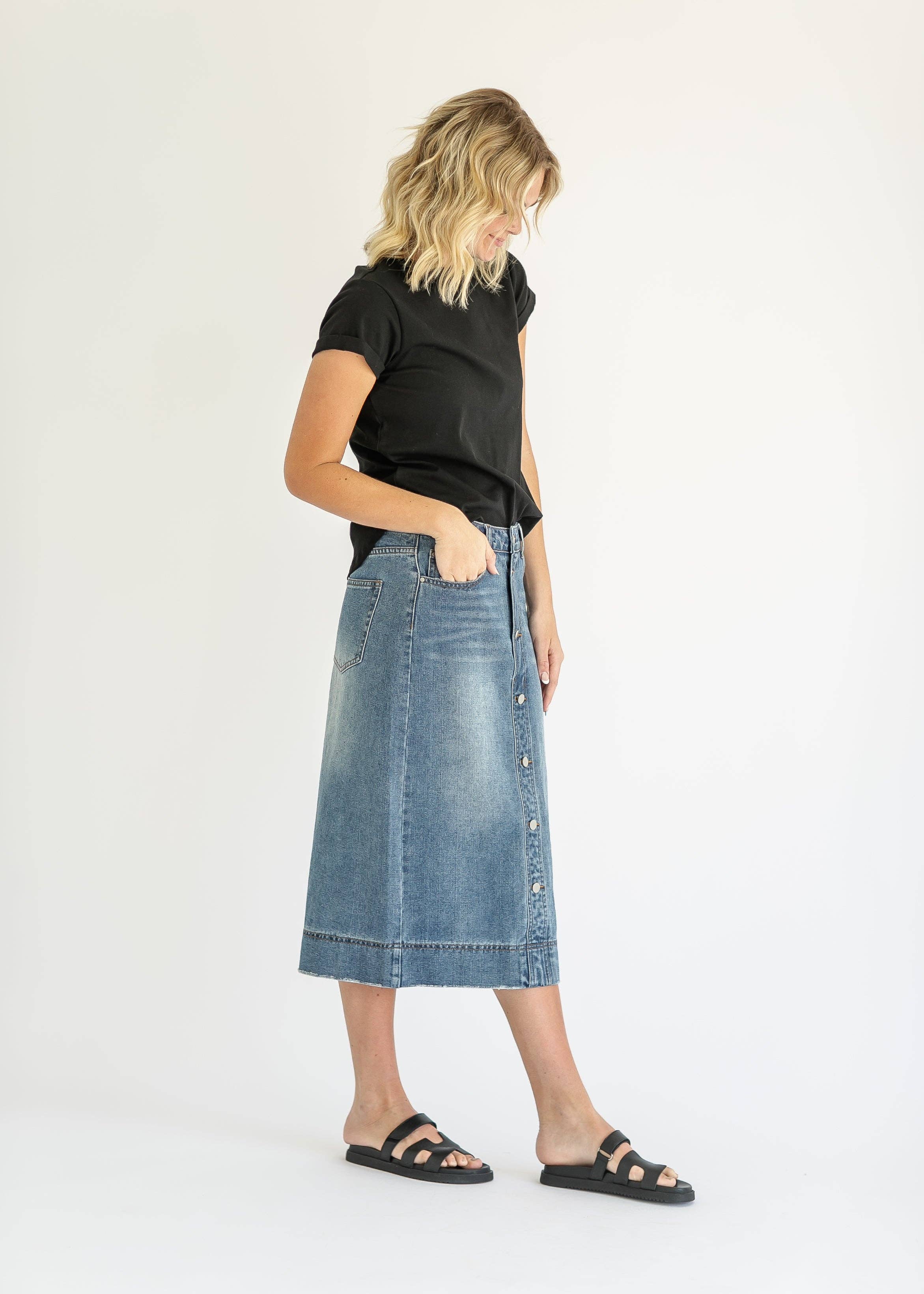 Inherit Clothing Company - Wholesale Skirt - Women's - Skylar Button Front Midi Denim Skirt8