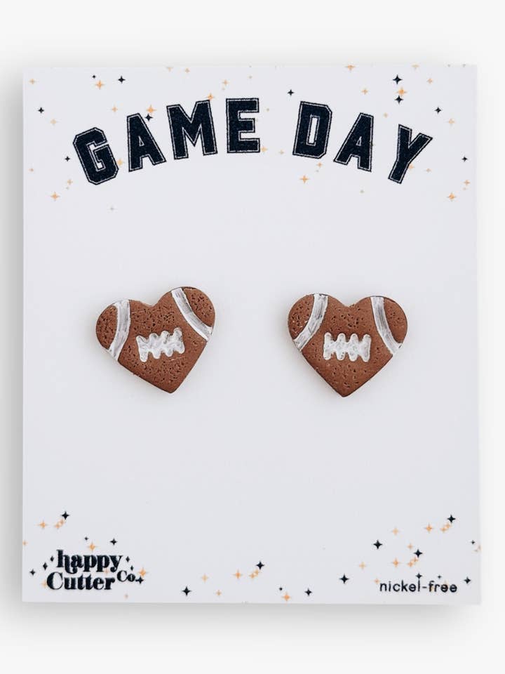 Heart Football Earrings | Sport Stud Earrings for wholesale by Happy Cutter Co