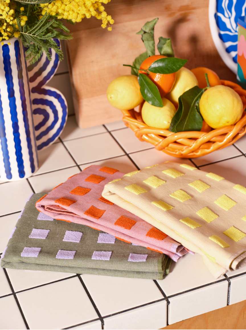 Wrap (US duties paid) - Wholesale Tea Towel - Squares Woven Terry Tea Towel – Oat/Yellow2