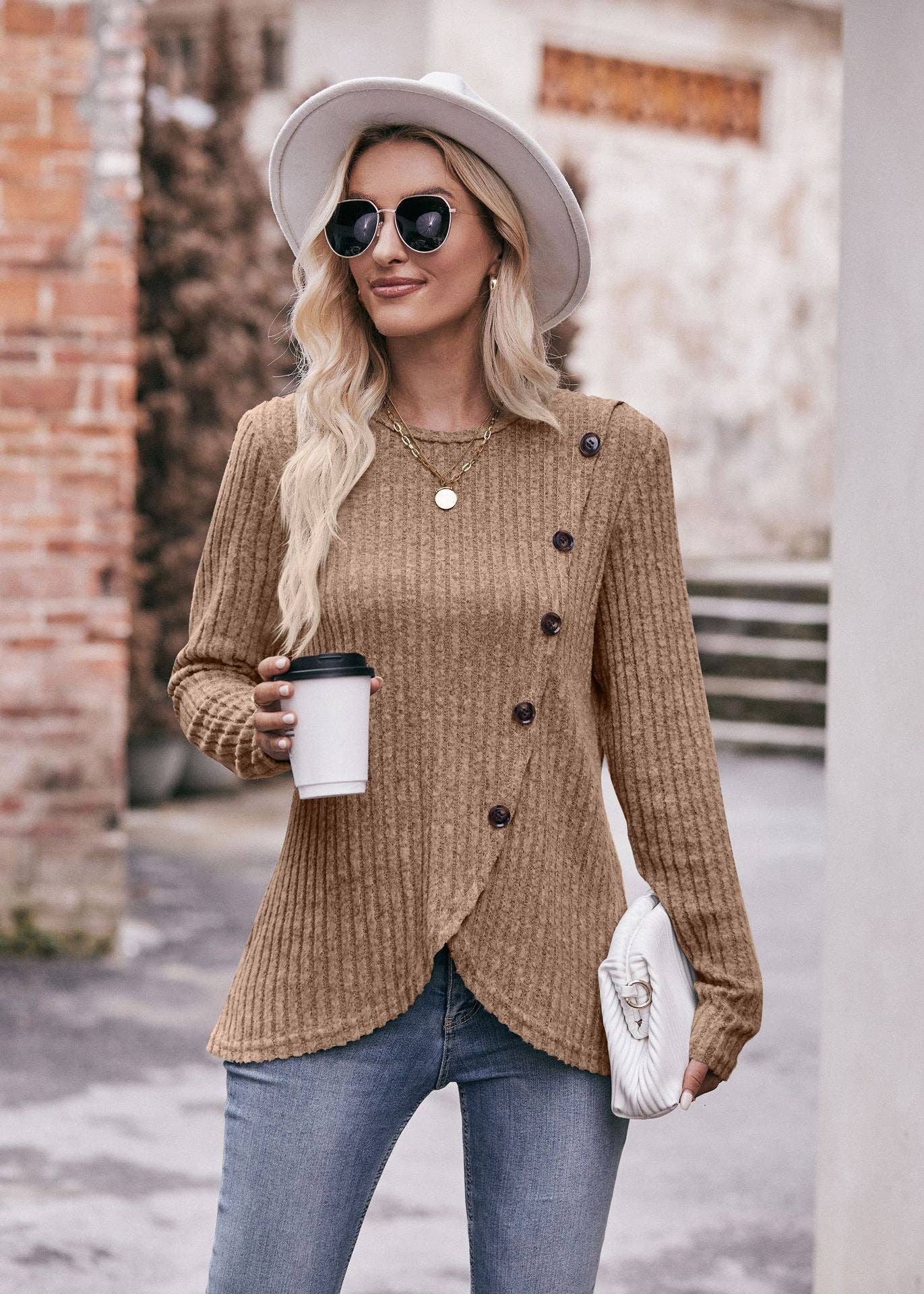 Lovesoft - Wholesale Knit Top - Women's - Round Neck Pit Strip Polished Tulip Hem Solid Color Button T-shirt19