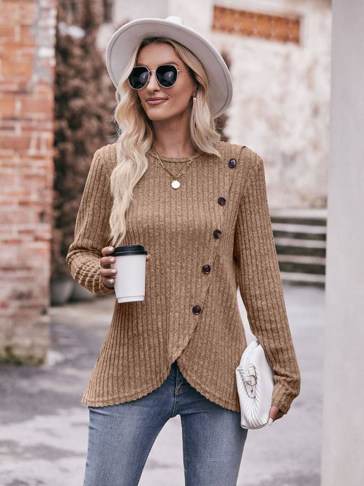 Lovesoft - Wholesale Knit Top - Women's - Round Neck Pit Strip Polished Tulip Hem Solid Color Button T-shirt19