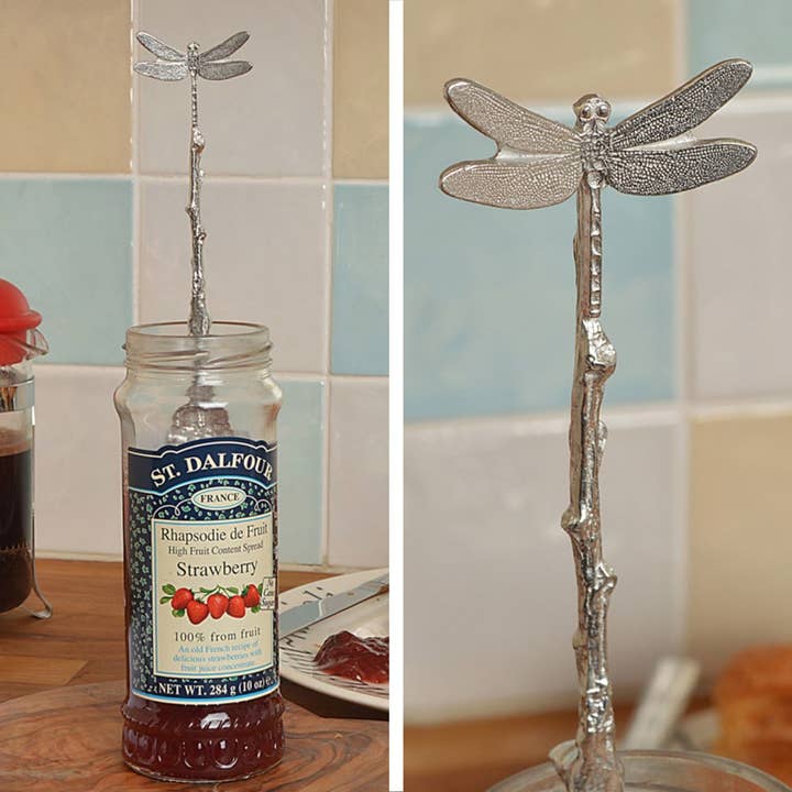 Dragonfly Jam Spoon | Long Pewter Jar Spoons With Hooks for wholesale by Glover & Smith
