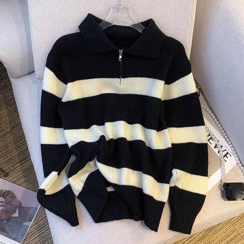 alberalkirk - Wholesale Knit Sweater - Women's - Half Zip Polo Neck Stripe Sweater Women N5A5811