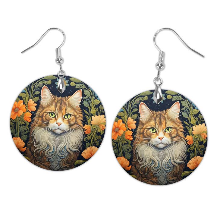 Tabby Cat Earrings William Morris Woodland Art Print Design for wholesale by Miss Crabtree