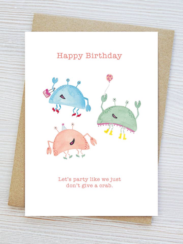 Happy Crabby Birthday Card, Coastal for wholesale by Jennifer Vaudo Art