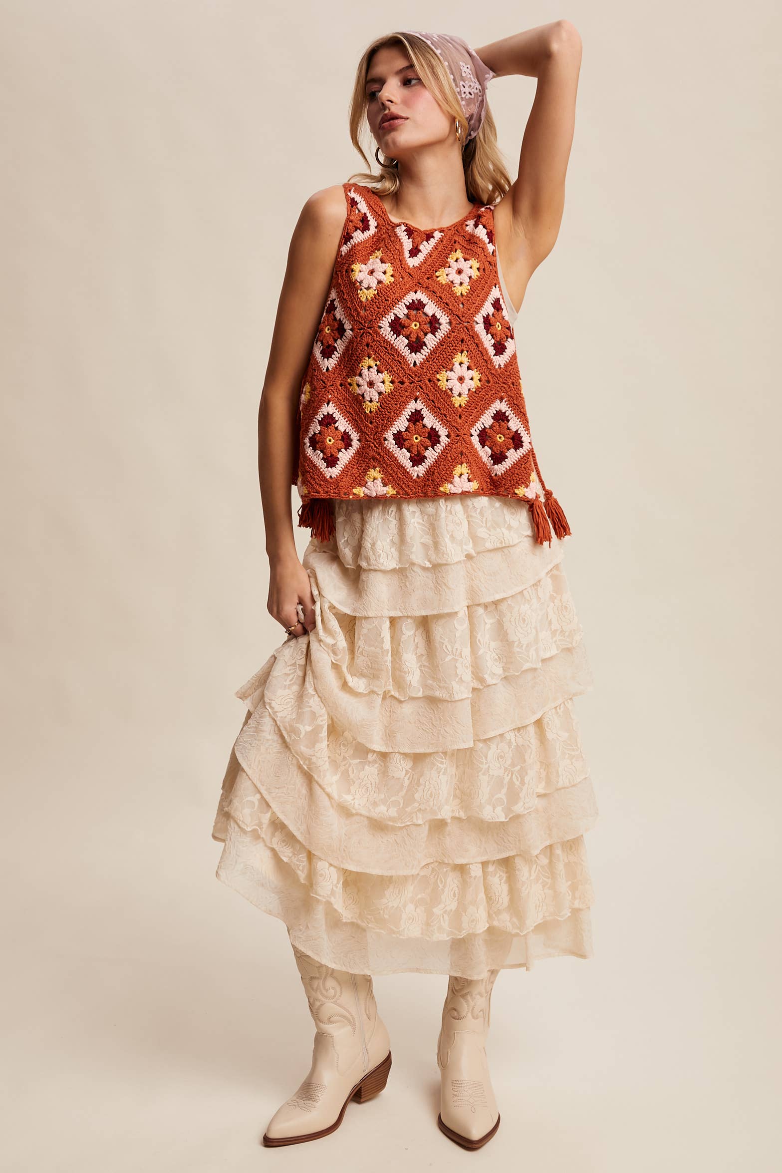 Listicle - Wholesale Sweater Vest - Women's - Crochet Granny Square Tassel Tie Vest LSW100636