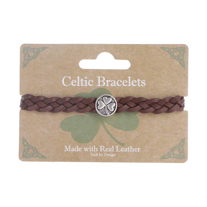 IRB-014C 4 Platt Leather Bracelet with Shamrock for wholesale by Celtic Ore Crafts