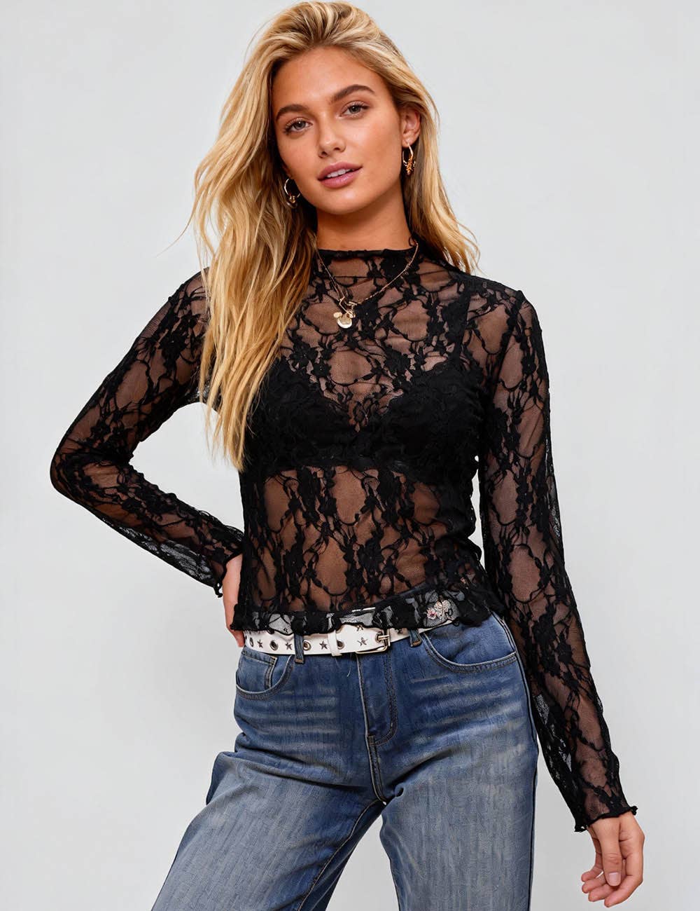 Sweetkama - Wholesale Blouse - Dames - Dames Bloemen Kant Blouse Transparante Laagjes Top SKT410186