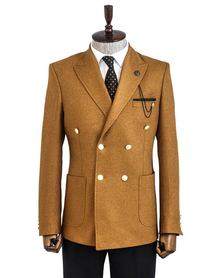 Bruin Slim fit geelbruine blazer met dubbele rij knopen voor heren - Wessi voor groothandel op Faire