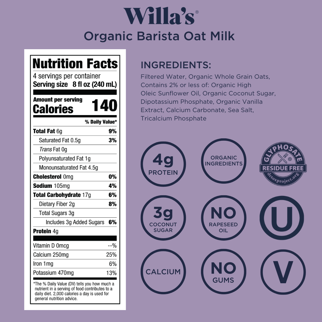 Willa's Organic Oat Milk - Wholesale Non-Dairy Milk - Willa's Organic Barista Oat Milk4