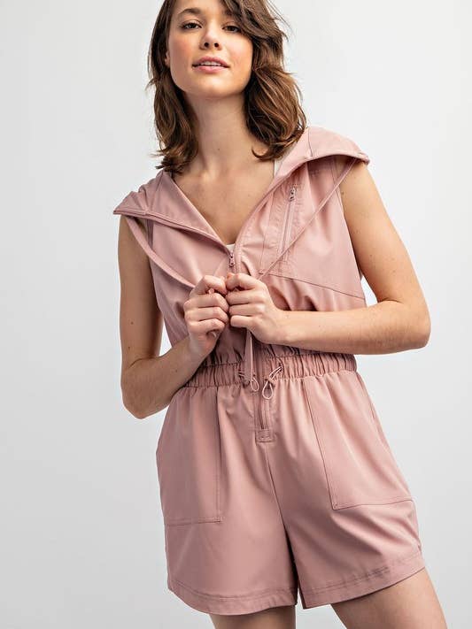 JP775037 SLEEVELESS HEAVY POLY STRETCH WOVEN HOODIE ROMPER for wholesale by Sunday Morning