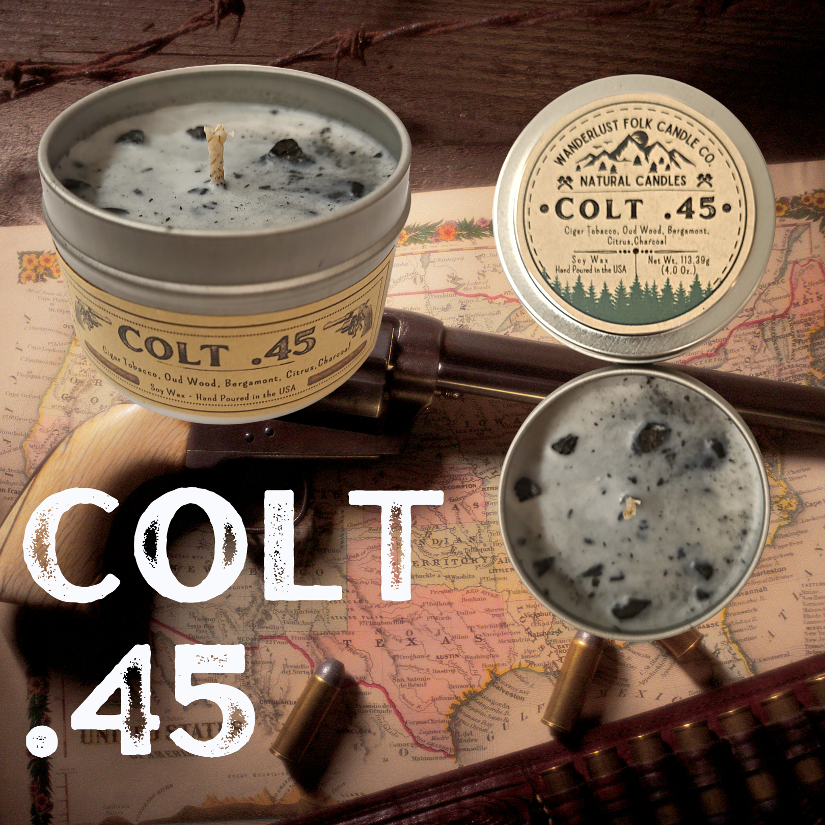 Wanderlust Folk – wholesale Jar/filled candle – Colt .45 Themed - USA MADE - Soy Wax Candles0