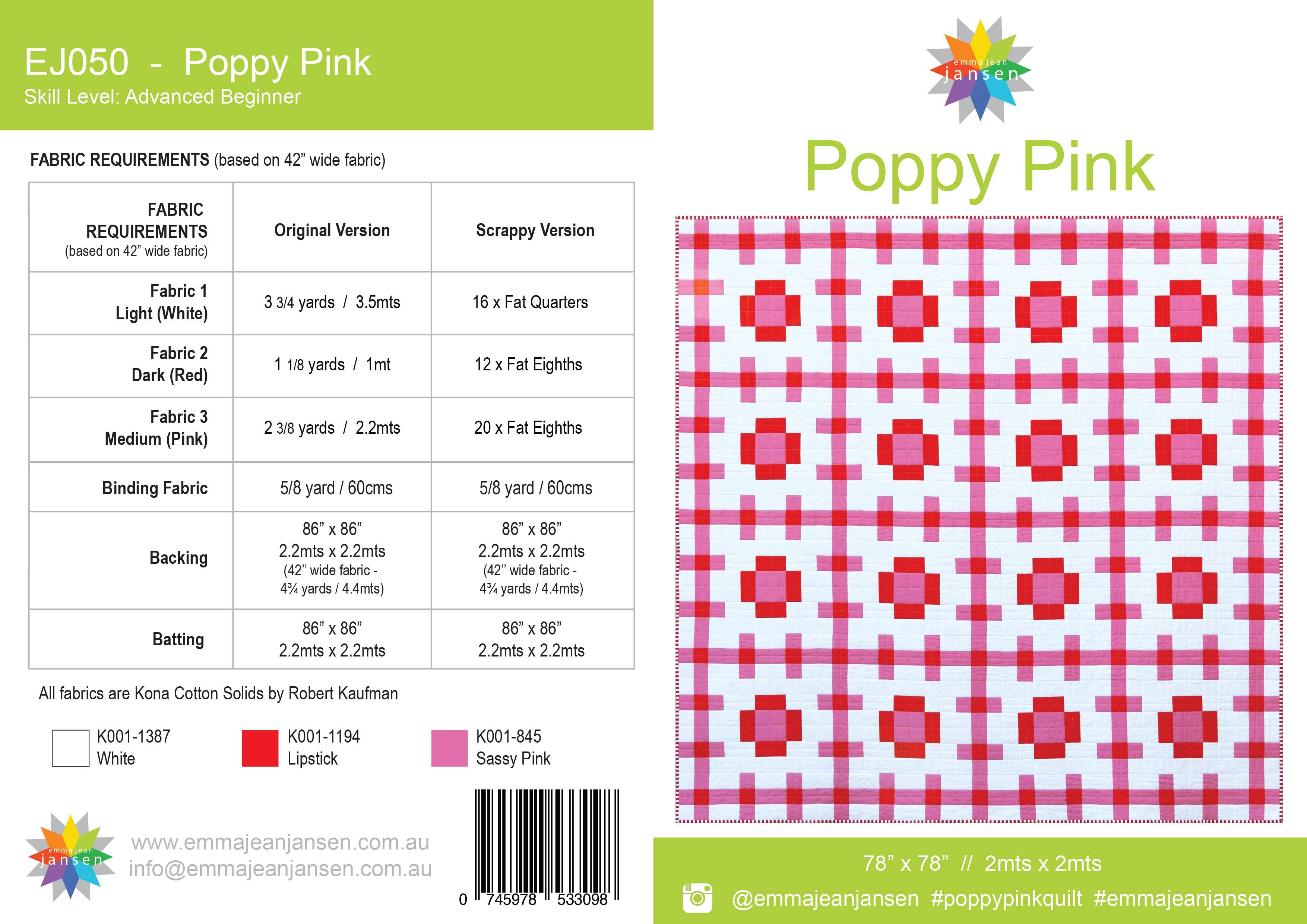 emma jean jansen – Engroshandel Hobbyværktøj – • Engros - Poppy Pink Quilt Mønster1