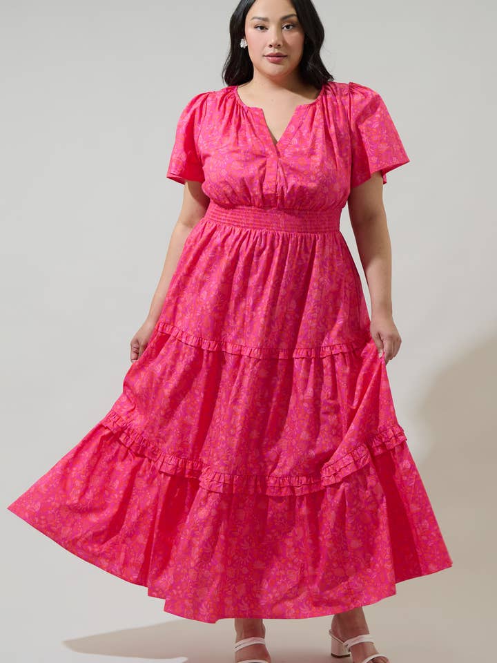 Cerise Floral Palmer Poplin Tiered Maxi Dress Curve for wholesale by Sugarlips