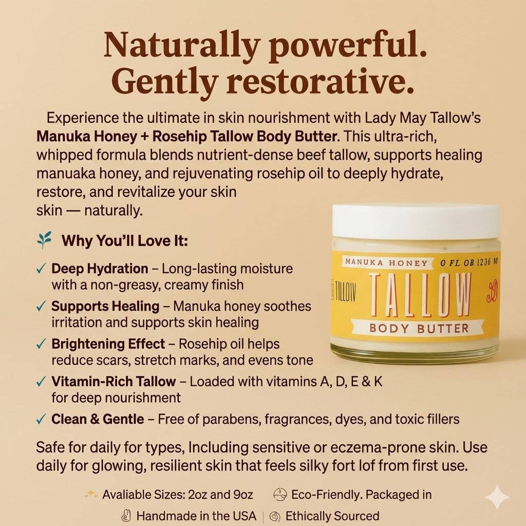 May's Market @ TLM - Wholesale Body Balm/Butter - Manuka Honey + Rosehip Tallow Body Butter – Deeply Nourishing & Repairing Natural Skincare2