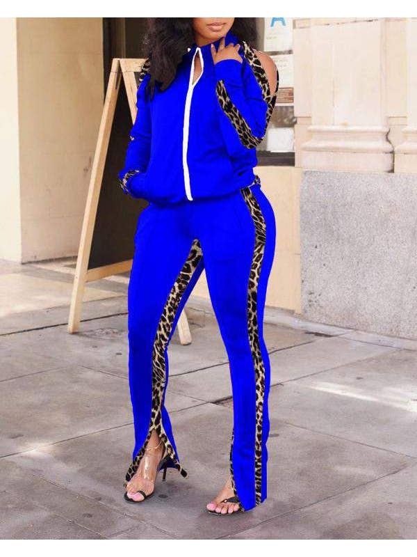 Queen Fashion - Wholesale Top & Skirt Set - Women's - patch long sleeve zip up top split hem pants set