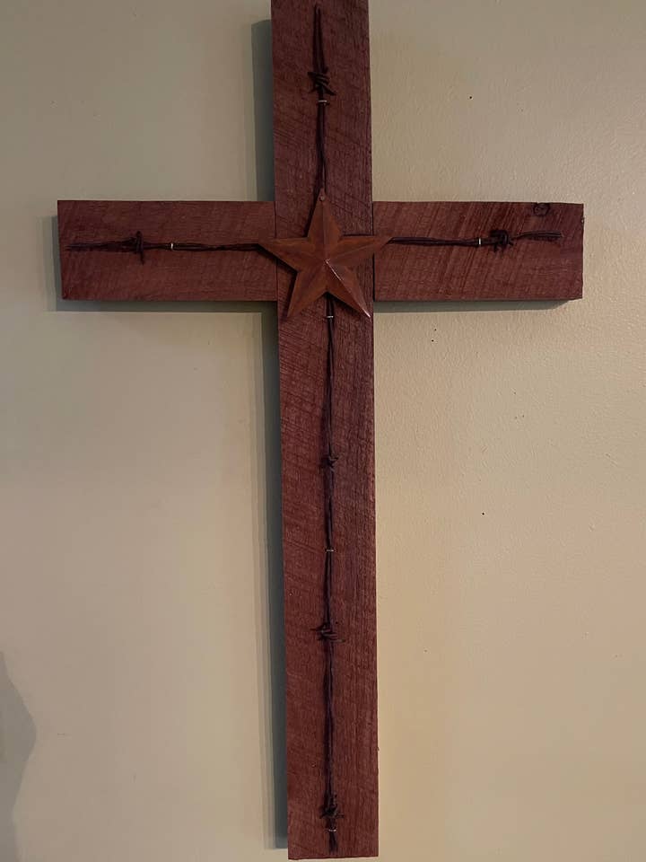 2' x 16" x 24" Walnut barbed wire cross for wholesale by Julie and bills crafts