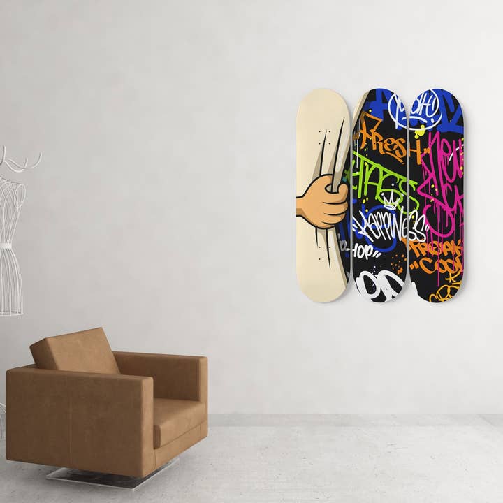 Banksy Pull Back Urban Art Behind The Curtain Skateboard Wall Art Banksy Print Decor Pro-Grade Maple Wood Wall Hanging Graffiti for wholesale by SkateboardArtsy
