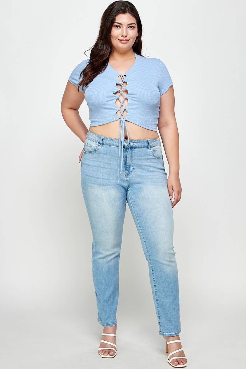 Haute Fox Plus Size & Contemporary – wholesale Stickad topp - Dam – Plus Size Ribbad Snörtopp - WG18043-T6