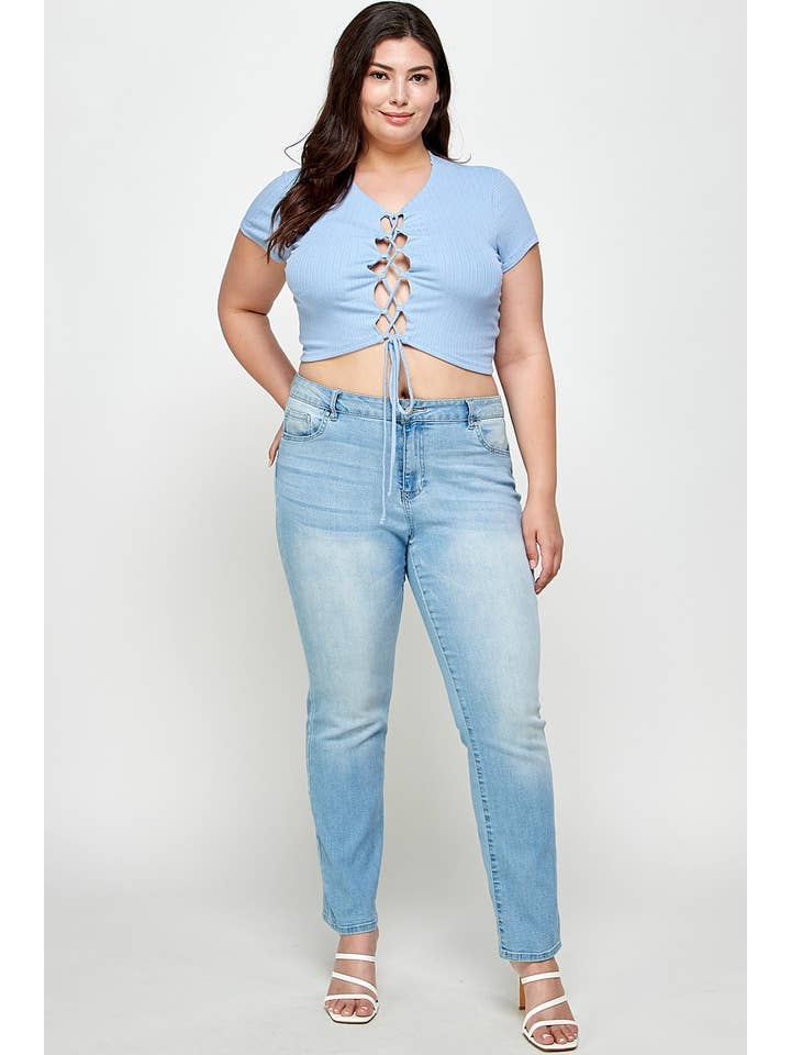 Haute Fox Plus Size & Contemporary – wholesale Knit top – Women's – Plus Size Ribbed Lace-Up Crop Top - WG18043-T6