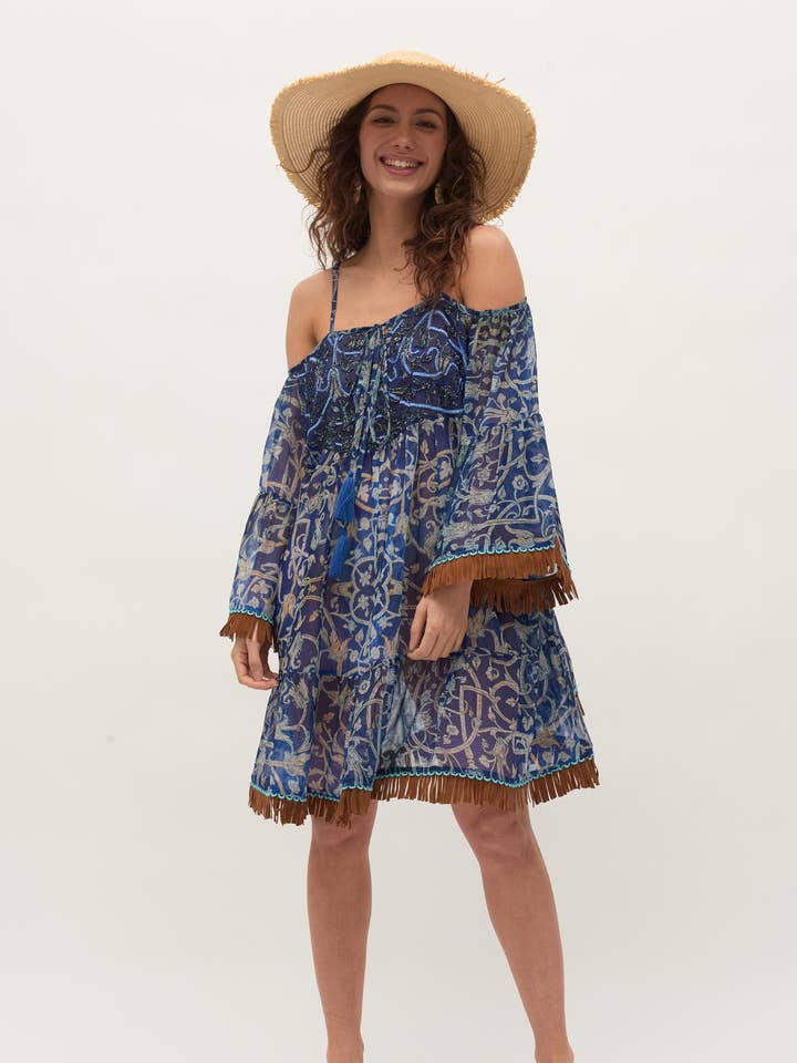KLEIN BLUE Women's short printed dress with fringes for wholesale on Faire0