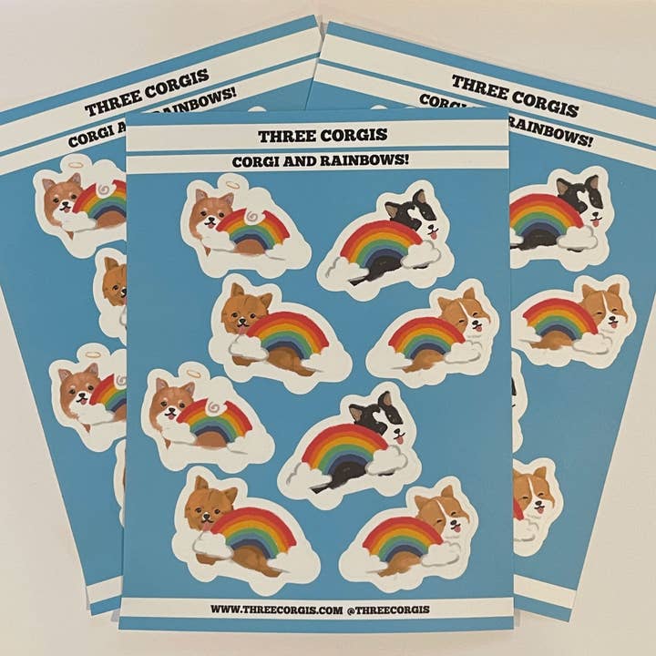 CORGIS AND RAINBOWS STICKER SHEET for wholesale by Three Corgis
