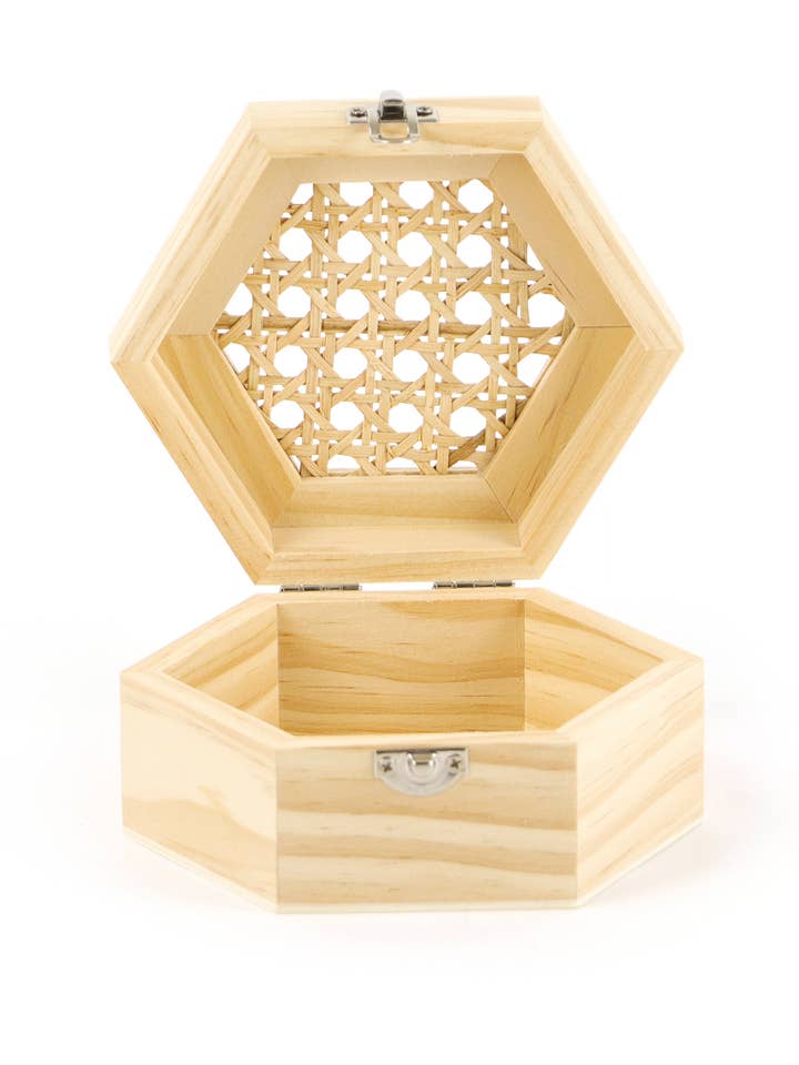 BOITE CANNAGE HEXAGONALE EN BOIS 165x80x143mm pour la vente par Graine Créative