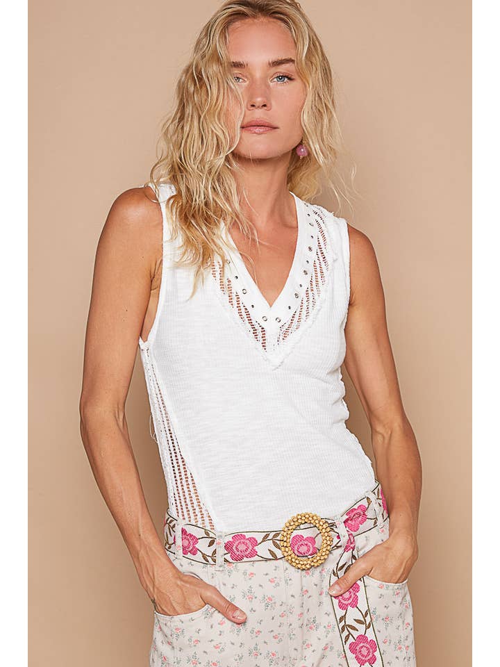 Pol Clothing - Wholesale Knit Top - Women's - Stud eyelet trim v-neck sleeveless croceht side fitted knit