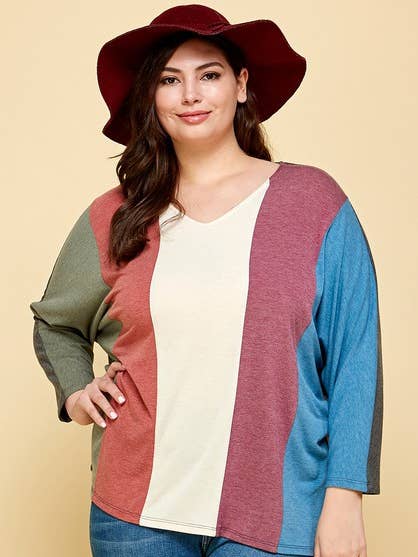 ETK-8567-PL Plus Size Striped V Neck Dolman Sleeves Top for wholesale by Emerald Collection
