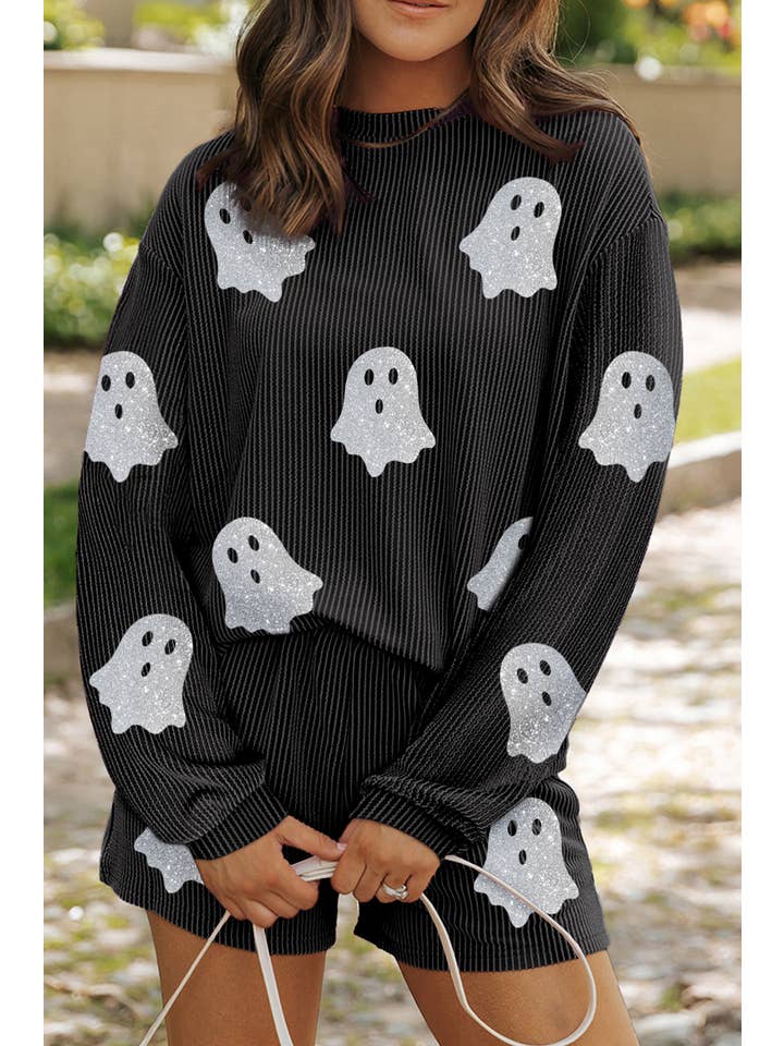 As shown Halloween Ghost Sequin Graphic Corded Pajamas Set | S-2XL for wholesale on Faire