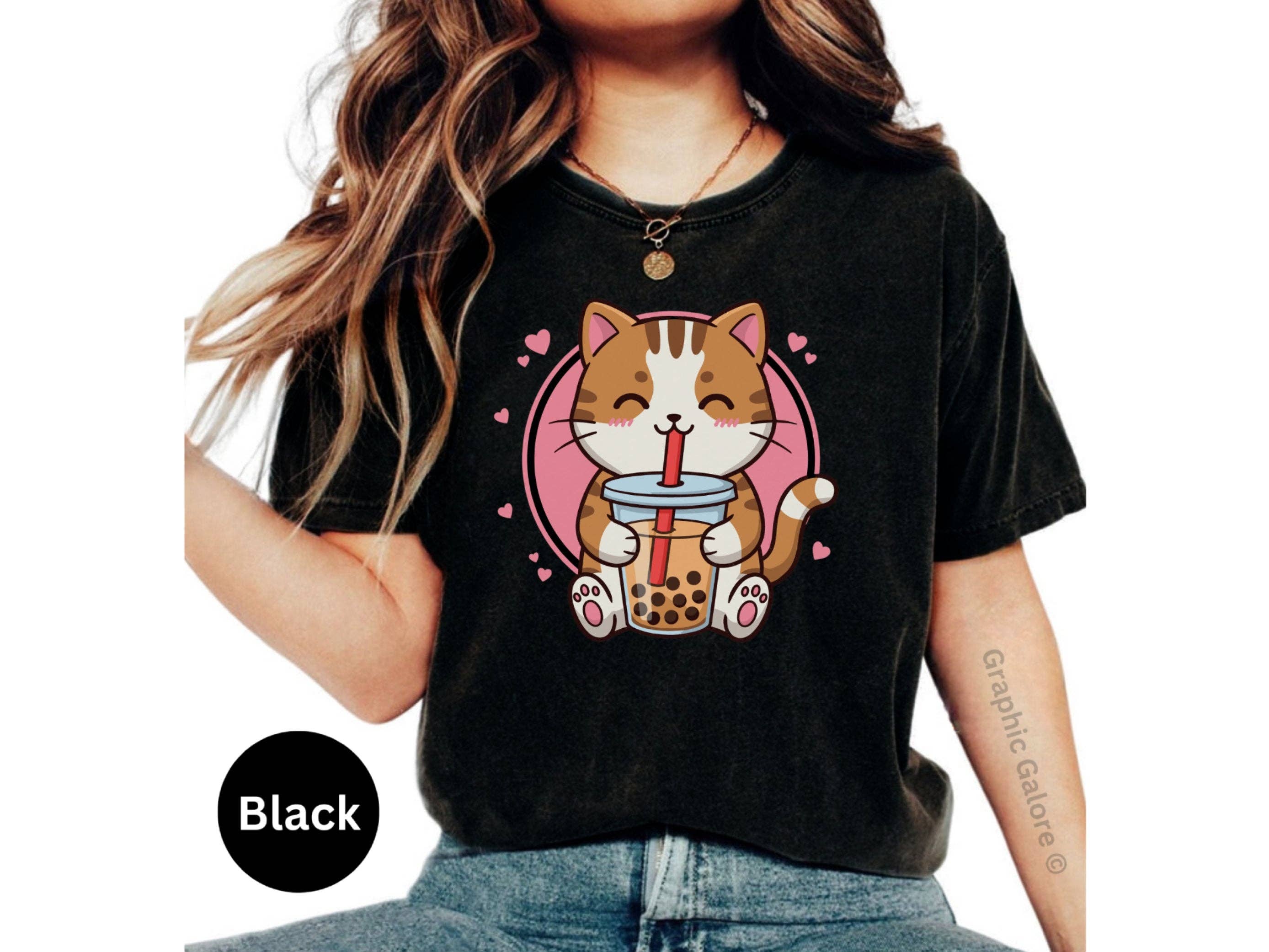 Graphic Galore - Wholesale Screen Printed T-Shirt - Women's - Anime Kawaii Cat Boba Tea Shirt, Cute Japanese Neko Tee For The Anime Fan, Boba Lover Shirt, Gift For The Japanophile, Adorable Kitten Shirt1