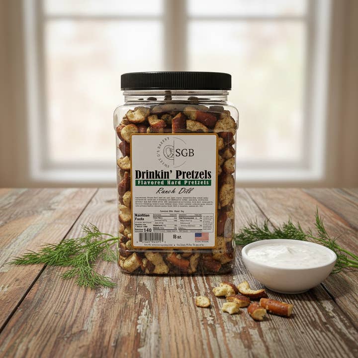 Ranch Dill 18-oz Canister Flavored Sourdough Pretzels for wholesale by Sweet G's Bakery - Drinkin’ Pretzels™