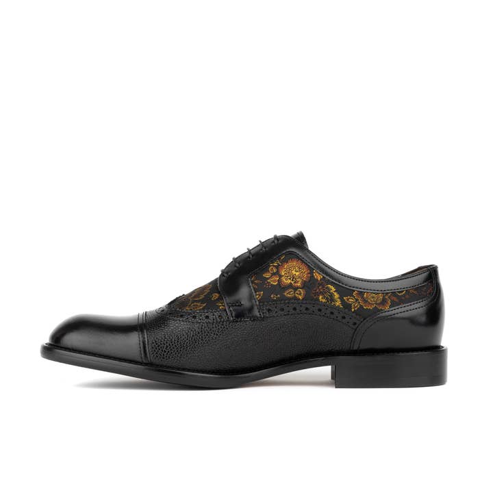 Embassy London – wholesale Oxford shoes – Men′s – Orlando - Black & Yellow Flowers - Men's toe cap dressy black shoe with flower print leather2