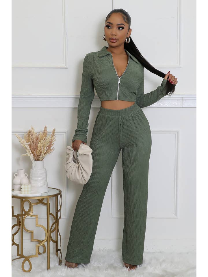 5besties inc - Wholesale Top & Pant Set (NOT Loungewear) - Women's - CRINKLED PLISSE ZIP UP LONG SLEEVE LOUNGEWEAR SET
