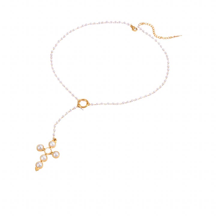 Chapel Pearl Cross Lariat Necklace for wholesale by MOOD