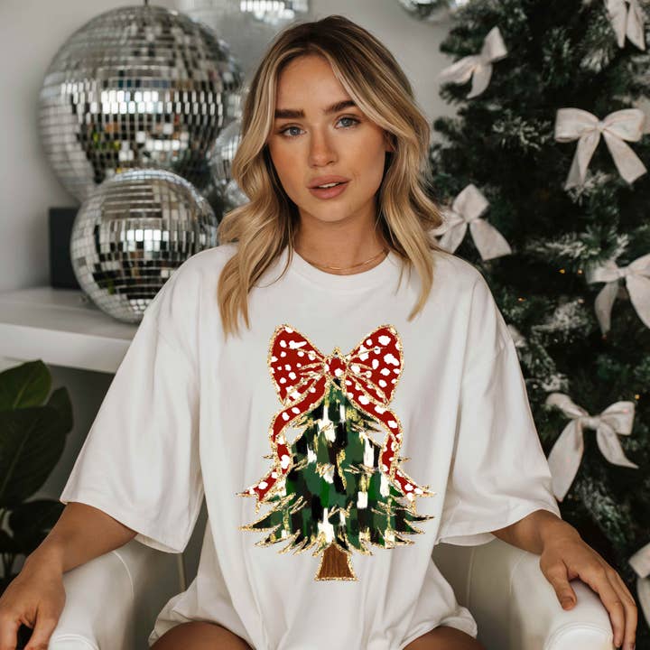 DTF TRANSFER - Christmas Tree Red & White Bow CH006 for wholesale by dBoldTees & DTF Transfers