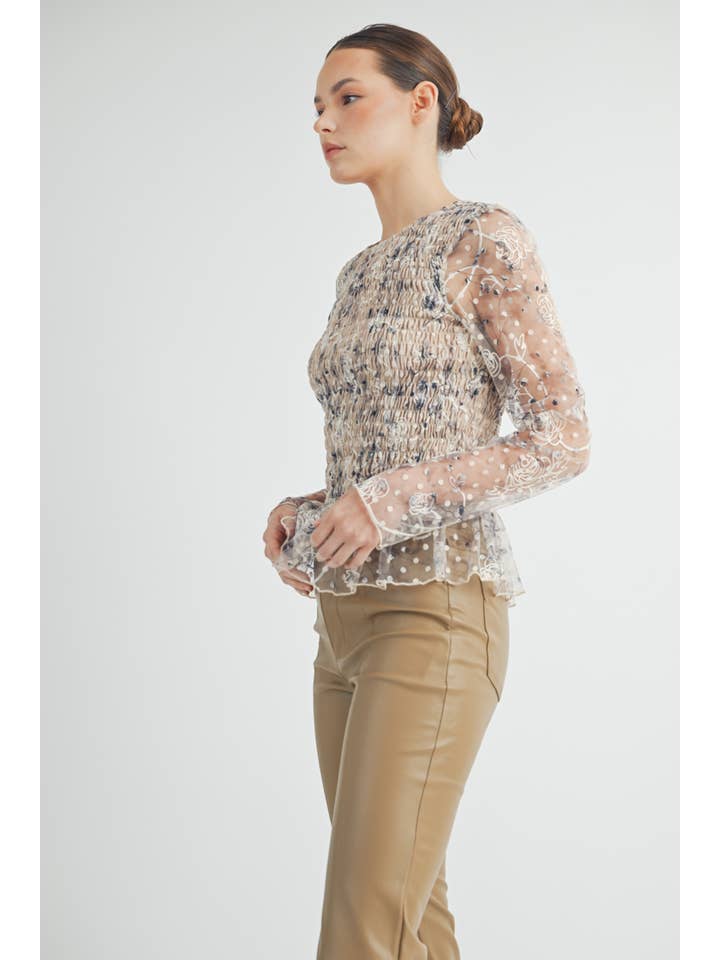 cream Sheer Smocked Embroidered Mesh Peplum Top for wholesale on Faire1