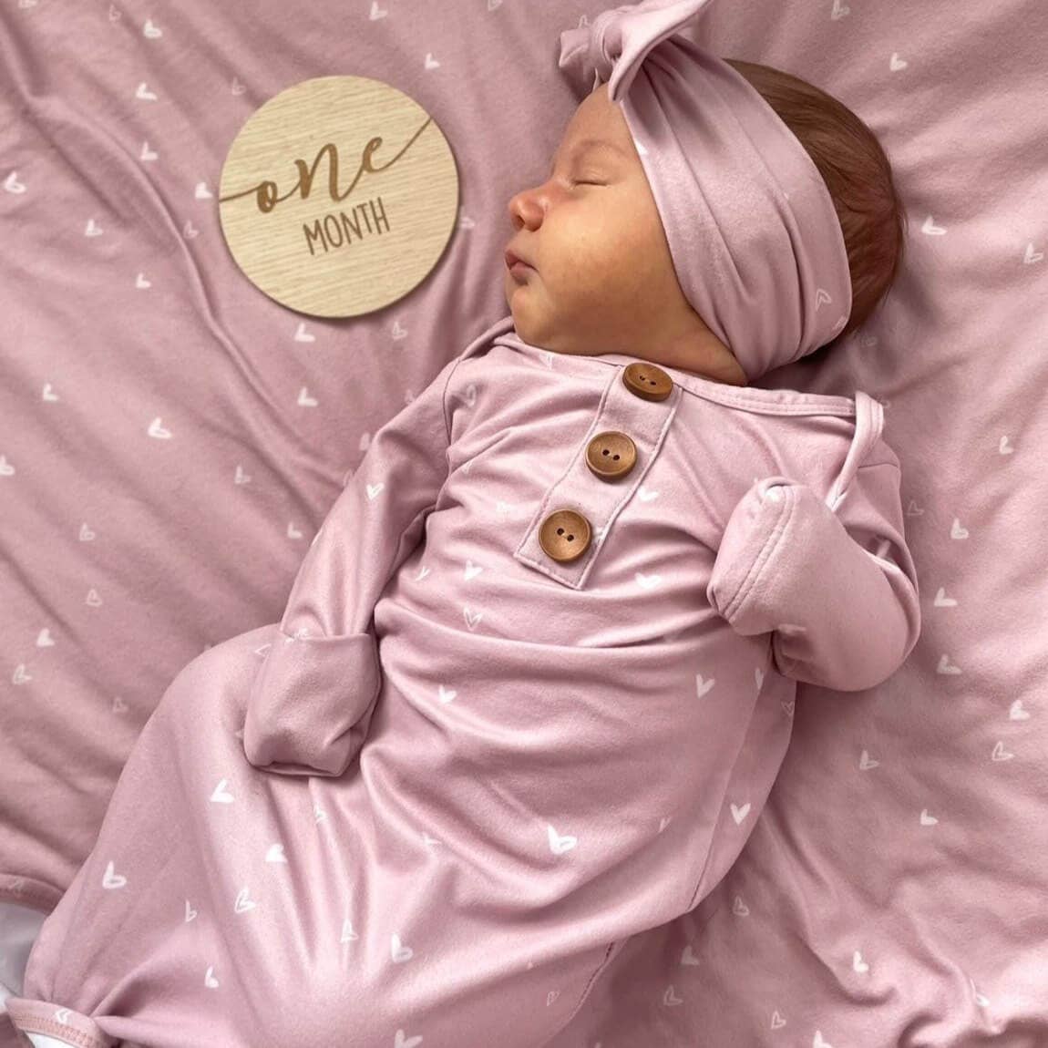 Caden Lane - Wholesale Babygown Set - Baby - Tiny Hearts in Dusty Pink Newborn Baby Knot Gown & Hat Set3