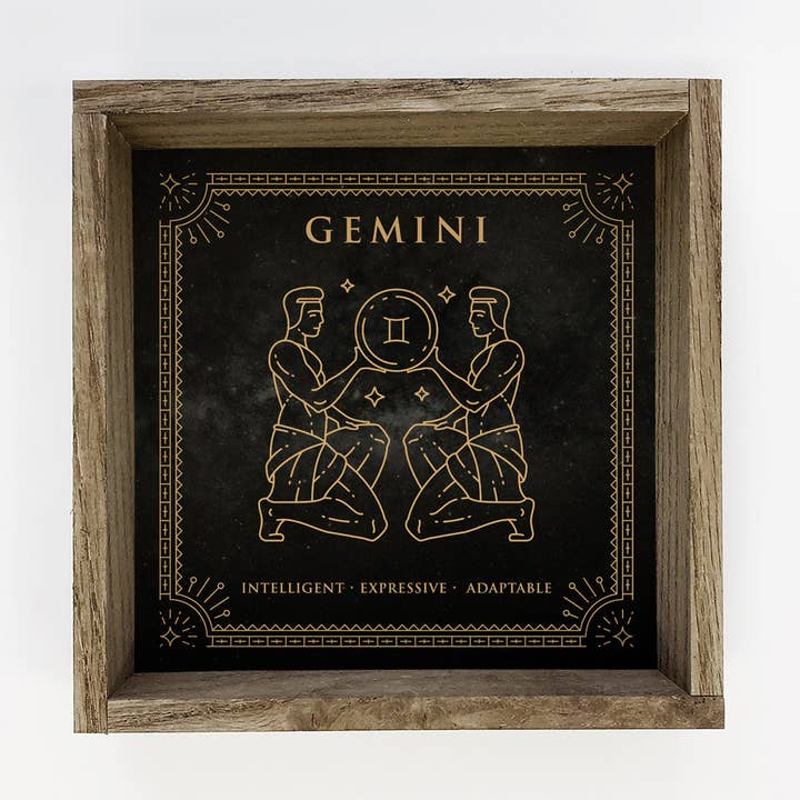 Décoration murale en toile et bois avec signe astrologique du zodiaque Gémeaux pour la vente par Hangout Home